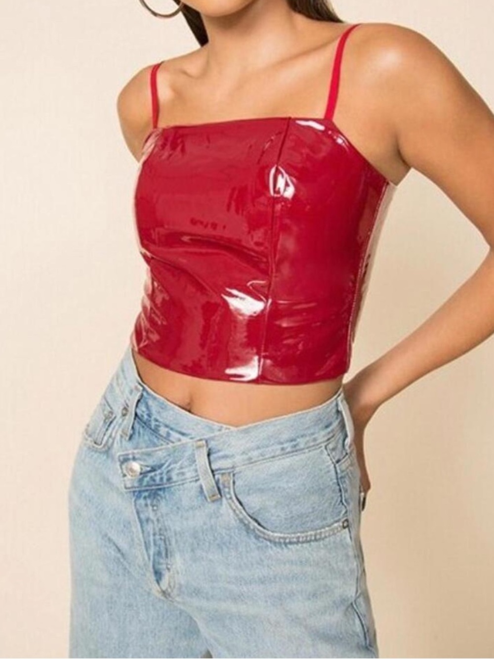 NWOT Women's Red Patent Square-Neck Crop Top